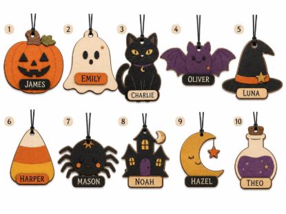 Personalized Halloween Ornament, Custom Name Wooden Pumpkin Ghost Black Cat Bat Ornament, Kids Spooky Gift, Halloween Tree Decor Wooden