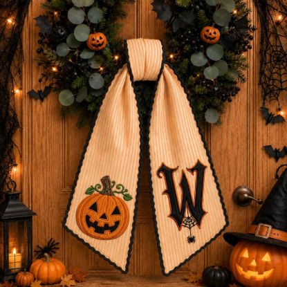 Halloween Embroidered Wreath Sash Bow, Personalized Monogram Door Wreath Sash, Pumpkin Embroidery,Custom Halloween Decor Sash Wreath Pumpkin