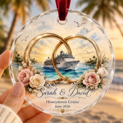 Personalized Honeymoon Cruise Ornament, Custom Newlywed Christmas Keepsake, Wedding Rings Cruise Gift, Couple Vacation Ornament, Beach Decor