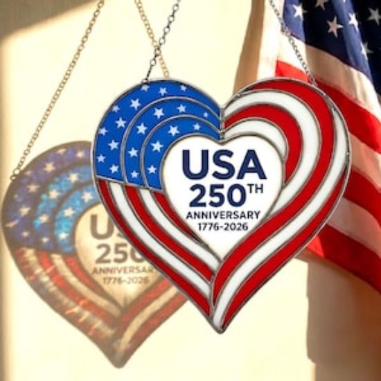 Stained Glass Suncatcher USA Patriotic Decor, Star and Heart Window Hanging Ornament, American Flag 250th Anniversary 1776 2026 Gift