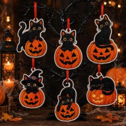 Schwarze Katze als Kürbis-Stickerei, Halloween-Hängedekoration, niedliches Geschenk mit gruseliger Katze, Kürbislaternen-Dekoration, gemütliche Herbst-Wohnaccessoires