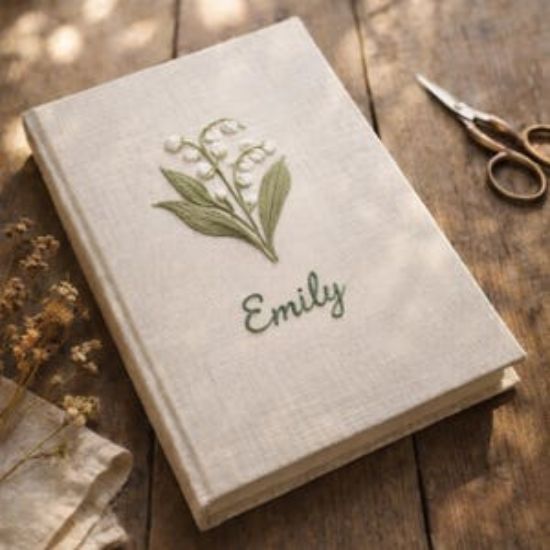 Personalized Birth Flower Embroidered Linen Journal, Custom Name Notebook