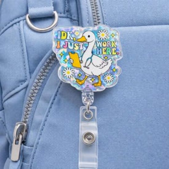 Funny Goose Badge Reel: "I Just Work Here" Holographic Pastel Holder – Nurse Work Humor