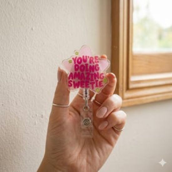Motivational Badge Reel You’re Doing Amazing Sweetie, Cute Nurse Badge Holder, Funny Positive Quote ID Reel, Holo Gift for Nurse Coworker