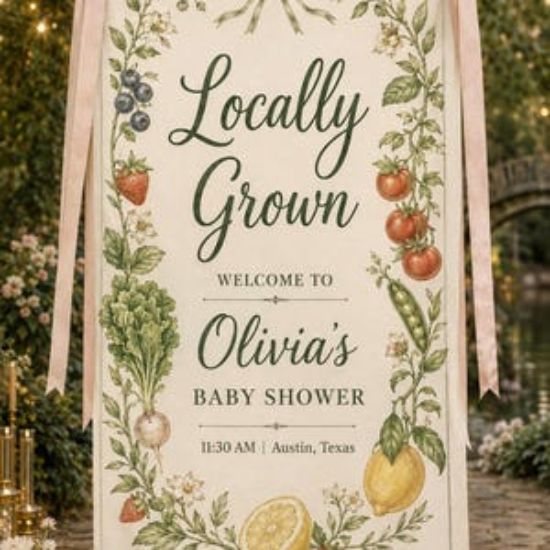 Personalized Locally Grown Baby Shower Welcome Sign, Custom Polyester Garden Party Decor Garden Party Backdrop