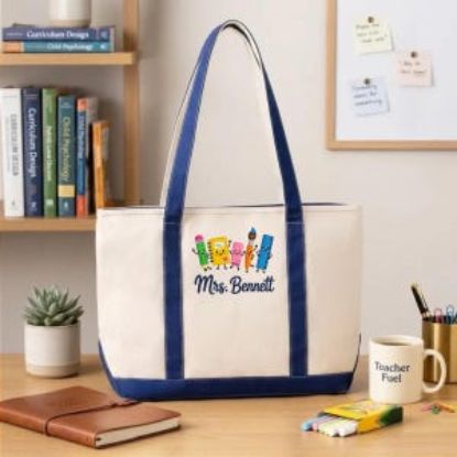 Personalized Embroidered Name Teacher Tote Bag, School Icons Canvas Bag, Custom Teacher Work Bag, Back to School Teacher Gift with Name