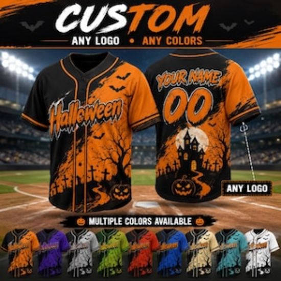 Personalized Halloween Baseball Jersey, Custom Name Spooky Pumpkin Jersey, Haunted House Team Gift for Boys Girls Jersey Shirt