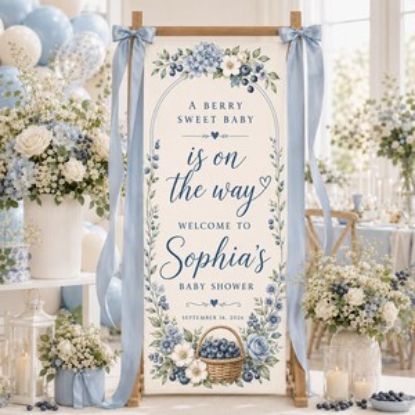 Personalized Blueberry Baby Shower Welcome Banner, Custom Satin Berry Sweet Sign, Blue Gingham Bow Party Backdrop Decor Party