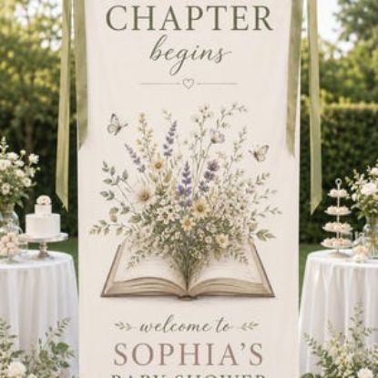 Personalized PolyesterTapestry Storybook Baby Shower Welcome Sign, Floral Book Banner, Custom New Chapter Begins Party Backdrop