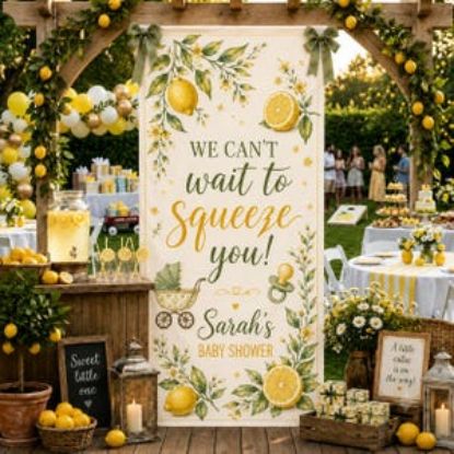 Personalized Lemon Baby Shower Welcome Polyester Banner, Citrus Theme Party Backdrop, Custom Name Decor Party