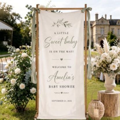Personalized Baby Shower Banner, Sweet Floral Backdrop, Custom Name Sign, Blue Coastal Decor, Fabric Banner Party
