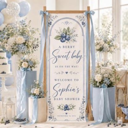 Blueberry Baby Shower Welcome Banner, Personalized Berry Sweet Sign, Blue Gingham Bow Decor Party, Custom Polyester Tapestry Backdrop