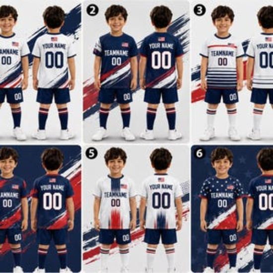 Custom USA Soccer Jersey Set Red White Blue Personalized Name & Number Shirt Patriotic Football Uniform Kit for Men Women Youth Kids