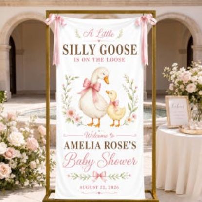 Personalized Silly Goose Baby Shower Welcome Banner, Custom Name Date Girl Shower Party Sign Decor, Goose Fabric Backdrop