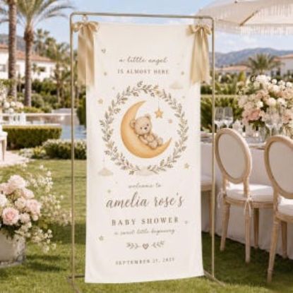 Personalized Baby Shower Polyester Banner, Custom Baby Name Welcome Sign, Hot Air Balloon Backdrop, Little Angel Baby Shower Decor