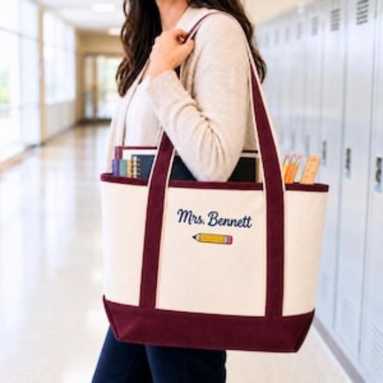 Personalized Embroidered Teacher Tote Bag, School Icons Canvas Bag, Custom Name Teacher Work Bag, Back to School Teacher Gift with Name