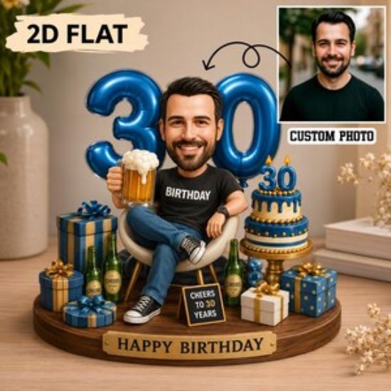 Personalized 30th Birthday 2D Flat Wooden Block, Custom Photo Bobblehead Gift For Him Beer Lover, Gift For Birthday, Decor Home