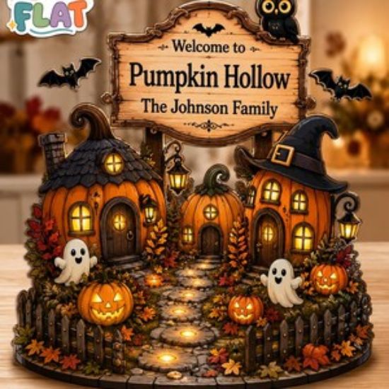 Custom Halloween Pumpkin Hollow Wooden Block, Personalized Fall Decor Table, Pumpkin Village Shelf Sitter, Spooky Halloween Sign