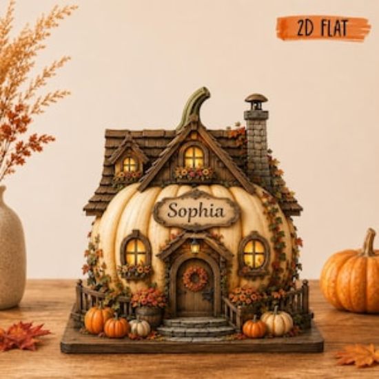 Personalized Pumpkin House 2D Flat Wooden Block, Custom Halloween Pumpkin Cottage Sign, Fall Harvest Decor, Autumn Wooden, Pumpkin Season