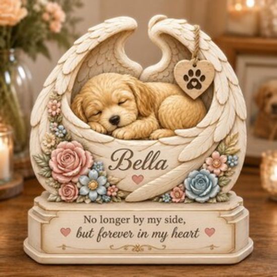 Personalized Pet Memorial 2D Flat Wooden Block, Custom Dog Angel Wings Keepsake, Rainbow Bridge Gift, Pet Loss Sympathy Decor Home