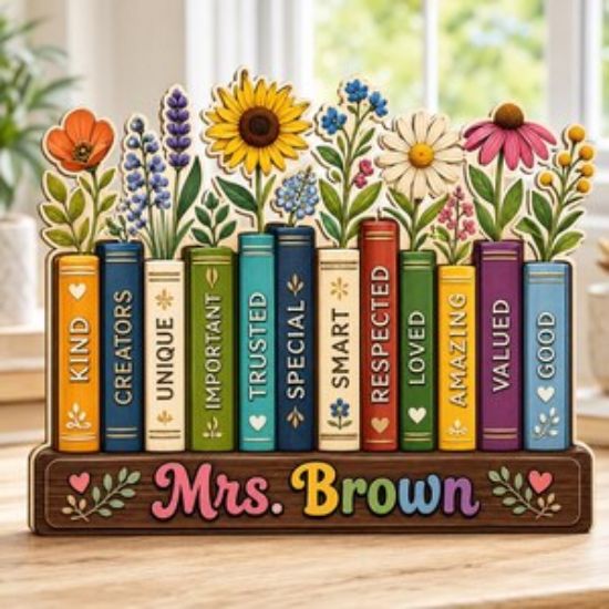 Personalized Flowers Book Teacher Classroom Wooden Block, Floral Teacher Desk Decor, Custom Teacher Name,Appreciation Gift, Wildflower