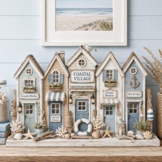 Coastal Village 2D Flat Wooden Block Sign, Nautical Beach House Decor, Seaside Town Shelf Sitter, Coastal Cottage Display, Ocean Lover Gift