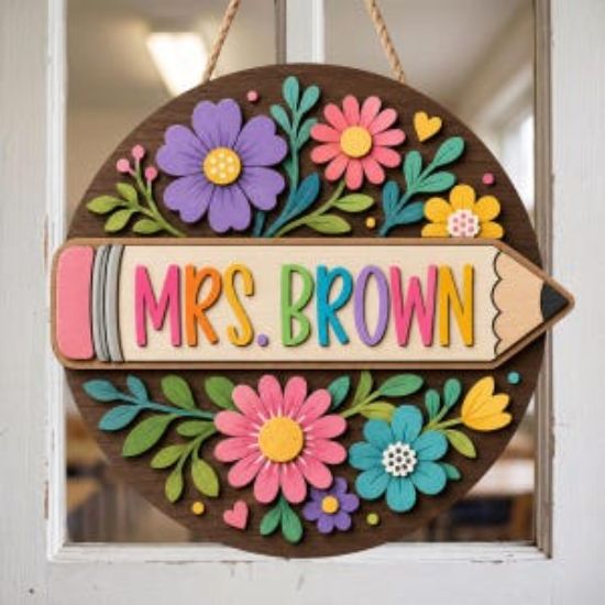 Custom 2 Layer Wooden Sign Teacher Door Hanger Floral Classroom Decor Personalized Teacher Name Sign Back To School Teacher Gift Classroom