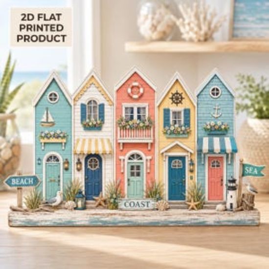 Coastal Beach House 2D Flat Wooden Block Decor Home, Seaside Cottage Decor, Nautical Summer Shelf Sitter, Ocean Vacation Home Gift