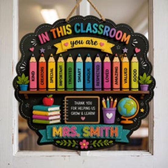 Personalized Teacher Classroom 2 Layer Wooden Sign, Colorful Wood Door Decor, Custom Teacher Name Plaque, Teacher Appreciation Gift, School