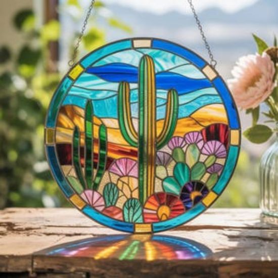 Kaktus Buntglas Suncatcher / Fenster hängendes Dekor / Indoor Outdoor Art Decor, ideales Geschenk für Valentinstag, Hochzeiten Urlaub / Housewarming Geschenk