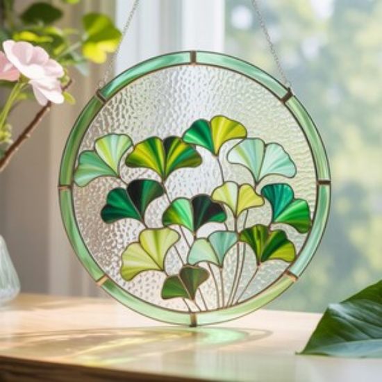 Runder Ginkgoblatt-Buntglas-Sonnenfänger / Ginkgo-Fensterbehang / Geschenk für Pflanzenliebhaber oder Mutter / Herbstgarten Boho Natur inspiriert Wohndekor