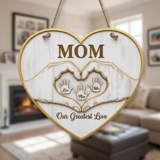 Personalized Mom Wooden Heart Sign with Kids Names, Custom Mother’s Day Gift, Family Handprint Plaque, Grandma Gift Wall Decor