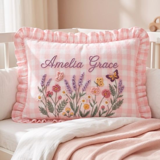 Personalized Baby Name Wildflower Ruffle Pillow Case | Custom Embroidered Floral Nursery Cushion | Baby Girl Room Decor | Baby Shower Gift