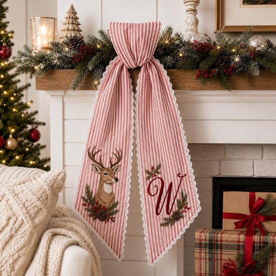 Personalized Christmas Deer Embroidered Wreath Sash Door Bow, Custom Monogram Holiday Decor, Red Striped Winter Porch Keepsake Gift