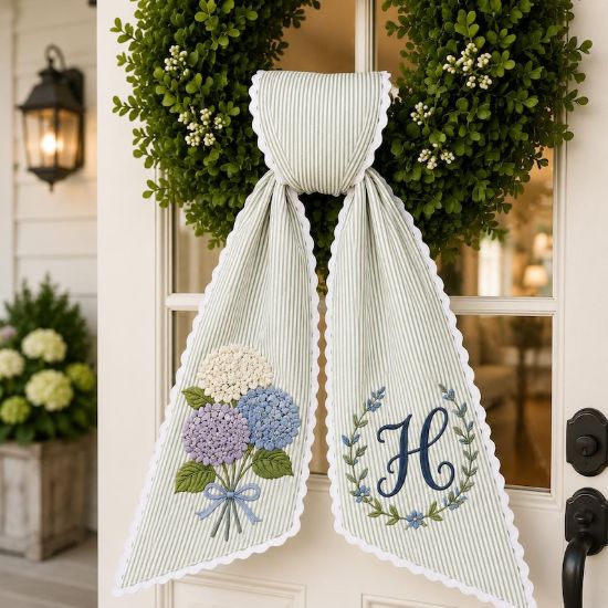 Custom Embroidered Magnolia Wreath Sash, Personalized Monogram Wedding Bow, Floral Ticking Stripe Front Porch Decor
