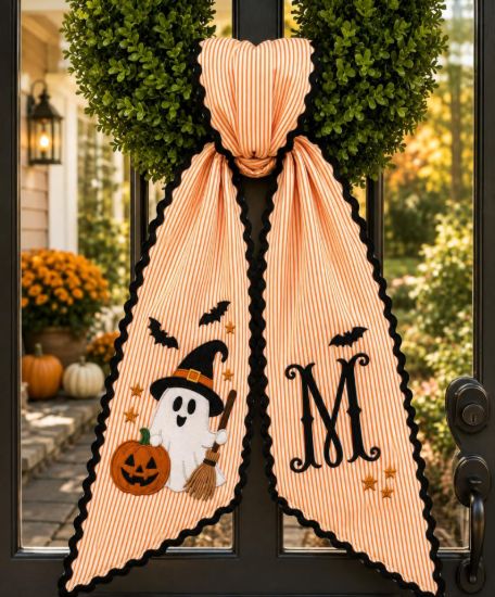 Custom Halloween Ghost Embroidery Ghost Pumpkins Name Sash, Embroidery Monogram Spooky Bow, Custom Name Gingham Ribbon, Halloween Decor