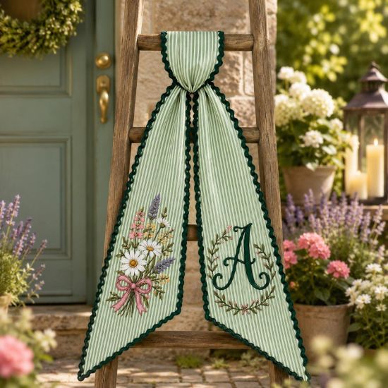 Personalized Floral Coquette Wreath Sash, Embroidered Spring Wreath Ribbon, Front Door Decor, Housewarming Gift
