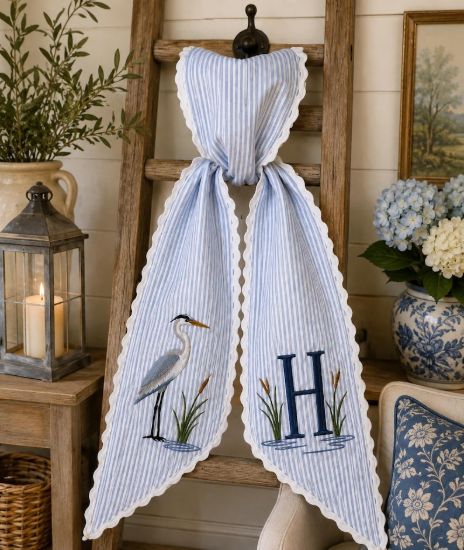 Personalized Blue Heron Wreath Sash, Embroidered Light Blue Seersucker Door Bow, Coastal Beach House Porch Decor, Southern Christmas Gift